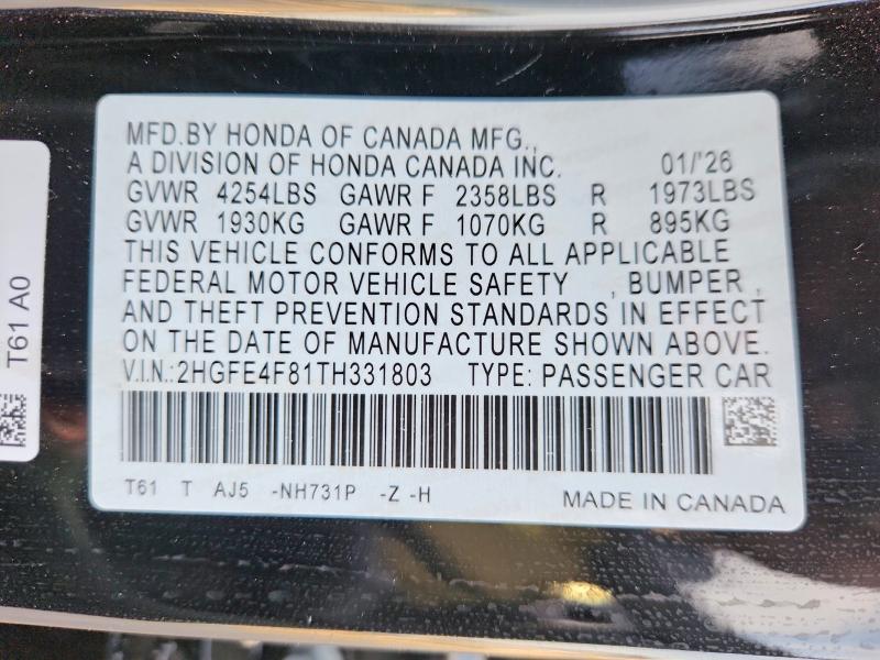 Продаж на аукціоні авто 2026 Honda Civic, vin: 2HGFE4F81TH331803, номер лоту: 47300266
