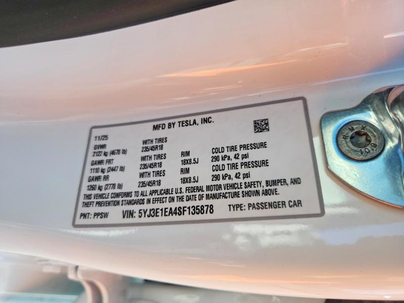 Продажа на аукционе авто 2025 Tesla Model 3, vin: 5YJ3E1EA4SF135878, номер лота: 47136716