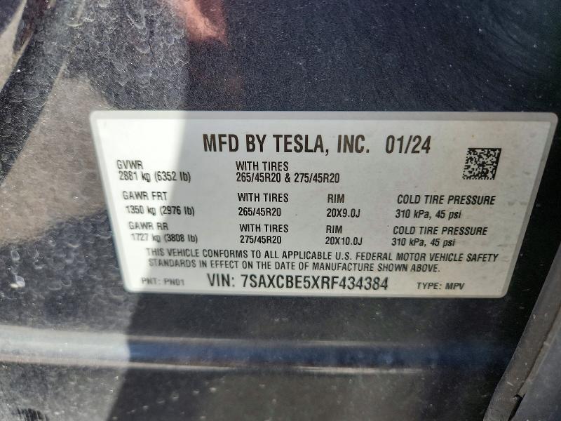 47584676 :رقم المزاد ، 7SAXCBE5XRF434384 vin ، 2024 Tesla Model X مزاد بيع