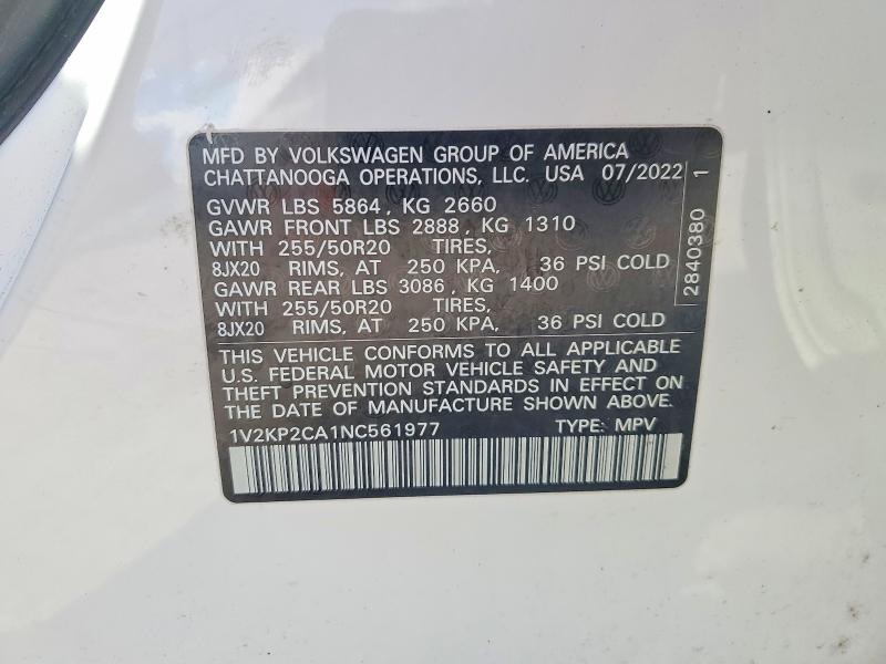2022 Volkswagen Atlas მანქანა იყიდება აუქციონზე, vin: 1V2KP2CA1NC561977, აუქციონის ნომერი: 47407296