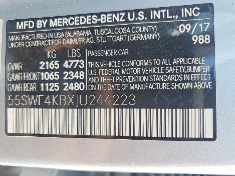 Продаж на аукціоні авто 2018 Mercedes-benz C, vin: 55SWF4KBXJU244223, номер лоту: 46728446