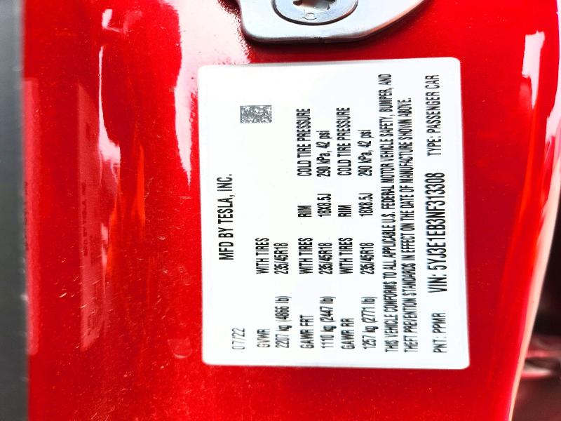 79046785 :رقم المزاد ، 5YJ3E1EB3NF313308 vin ، 2022 Tesla Model 3 مزاد بيع