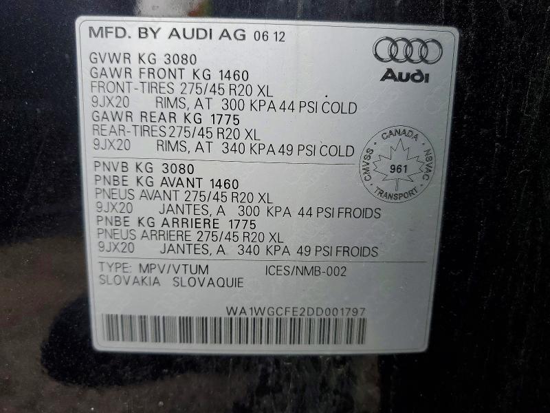 46458536 :رقم المزاد ، WA1WGCFE2DD001797 vin ، 2013 Audi Q7 مزاد بيع