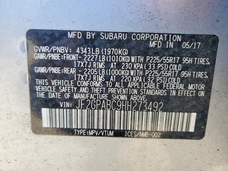Aukcja sprzedaży 2017 Subaru Crosstrek, vin: JF2GPABC9HH273492, numer aukcji: 78891395