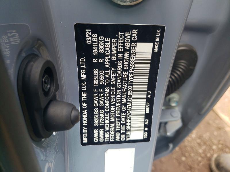 Продаж на аукціоні авто 2021 Honda Civic, vin: SHHFK7G47MU219503, номер лоту: 47654026