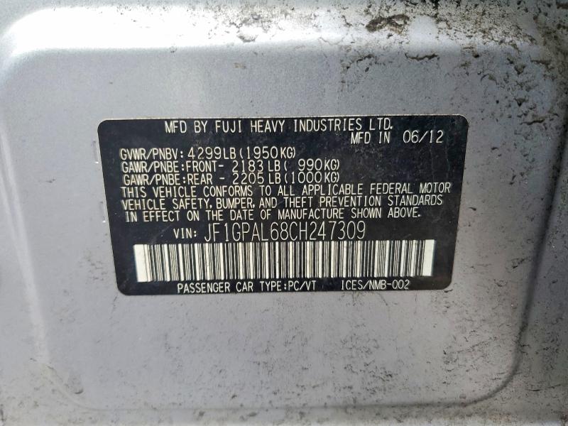 2012 Subaru Impreza მანქანა იყიდება აუქციონზე, vin: JF1GPAL68CH247309, აუქციონის ნომერი: 41812326