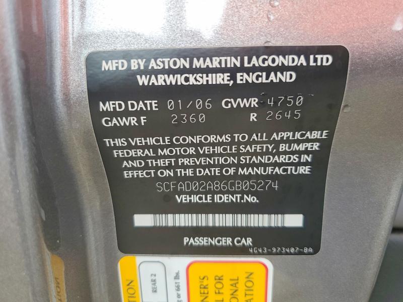 2006 Aston Martin Db9 მანქანა იყიდება აუქციონზე, vin: SCFAD02A86GB05274, აუქციონის ნომერი: 46011166