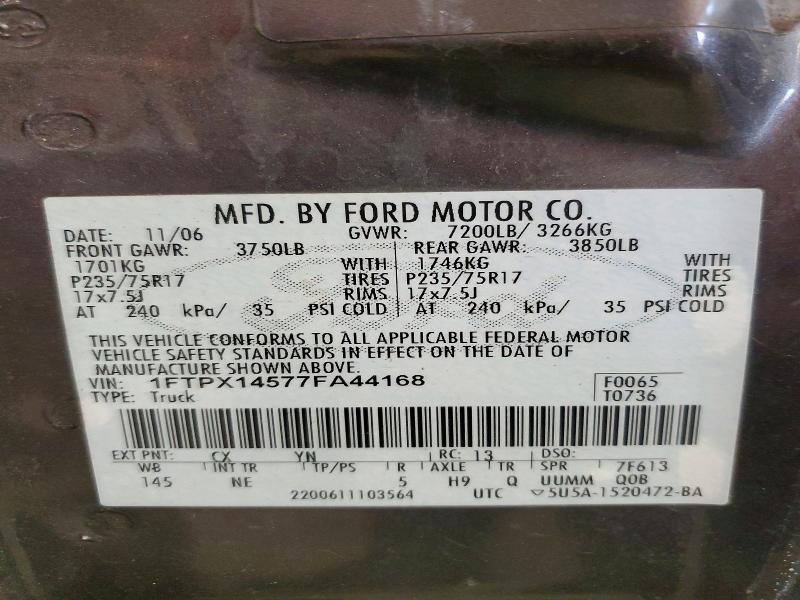 2007 Ford F150 მანქანა იყიდება აუქციონზე, vin: 1FTPX14577FA44168, აუქციონის ნომერი: 46001136