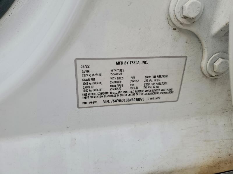 2022 Tesla Model Y მანქანა იყიდება აუქციონზე, vin: 7SAYGDEE8NA010875, აუქციონის ნომერი: 79926965