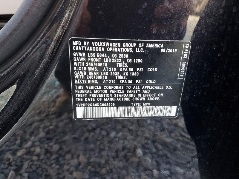 Auction sale of the 2019 Volkswagen Atlas, vin: 1V2DP2CA0KC608209, lot number: 41726006