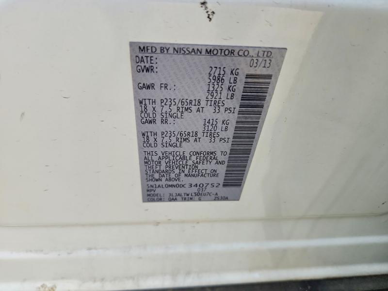 41993206 :رقم المزاد ، 5N1AL0MN0DC340752 vin ، 2013 Infiniti Jx35 مزاد بيع