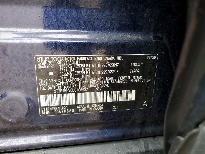 41746996 :رقم المزاد ، 2T3P1RFV0LC106937 vin ، 2020 Toyota Rav4 مزاد بيع