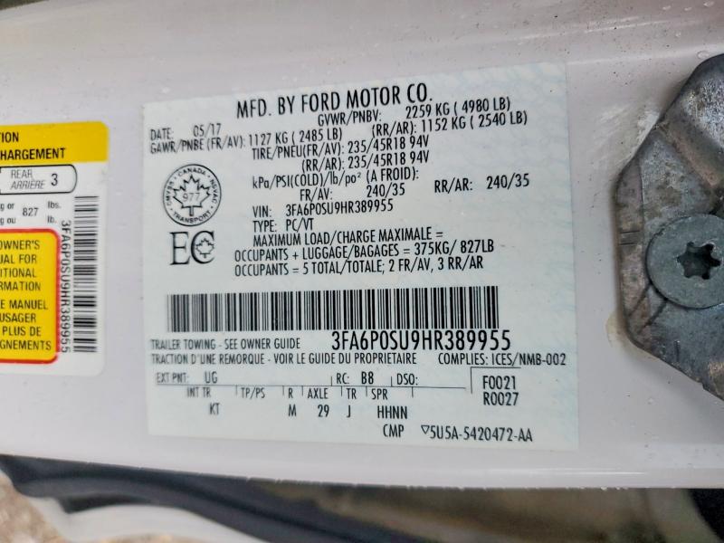 Aukcja sprzedaży 2017 Ford Fusion, vin: 3FA6P0SU9HR389955, numer aukcji: 46281326