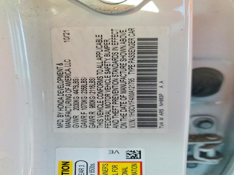 2021 Honda Accord მანქანა იყიდება აუქციონზე, vin: 1HGCV1F4XMA121795, აუქციონის ნომერი: 46041246