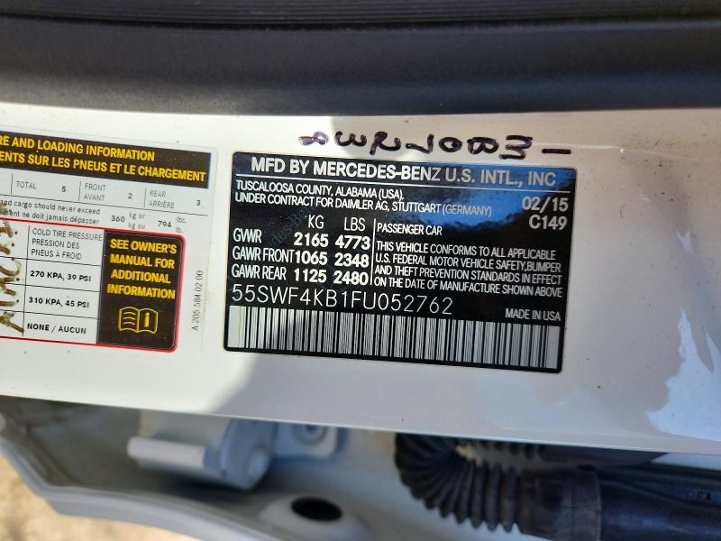 41951426 :رقم المزاد ، 55SWF4KB1FU052762 vin ، 2015 Mercedes Benz C مزاد بيع