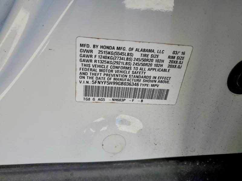 2016 Honda Pilot მანქანა იყიდება აუქციონზე, vin: 5FNYF5H99GB036346, აუქციონის ნომერი: 47465376