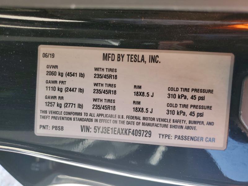 2019 Tesla Model 3 მანქანა იყიდება აუქციონზე, vin: 5YJ3E1EAXKF409729, აუქციონის ნომერი: 46758806