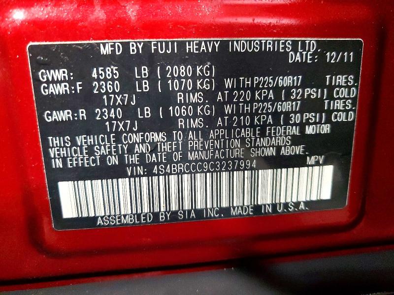 2012 Subaru Outback მანქანა იყიდება აუქციონზე, vin: 4S4BRCCC9C3237994, აუქციონის ნომერი: 47327486