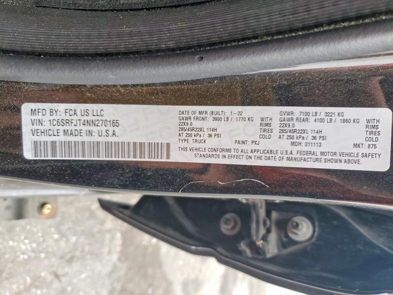 2022 Ram 1500 მანქანა იყიდება აუქციონზე, vin: 1C6SRFJT4NN270165, აუქციონის ნომერი: 47389886
