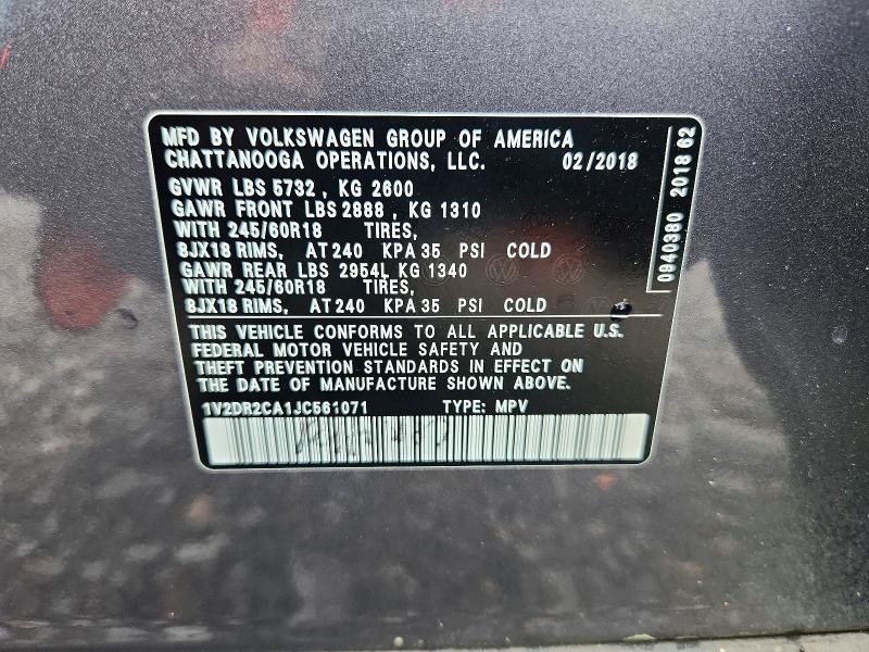 2018 Volkswagen Atlas მანქანა იყიდება აუქციონზე, vin: 1V2DR2CA1JC561071, აუქციონის ნომერი: 45779096