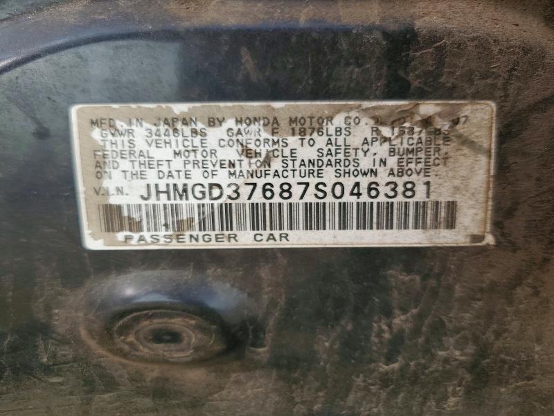 47691876 :رقم المزاد ، JHMGD37687S046381 vin ، 2007 Honda Fit مزاد بيع