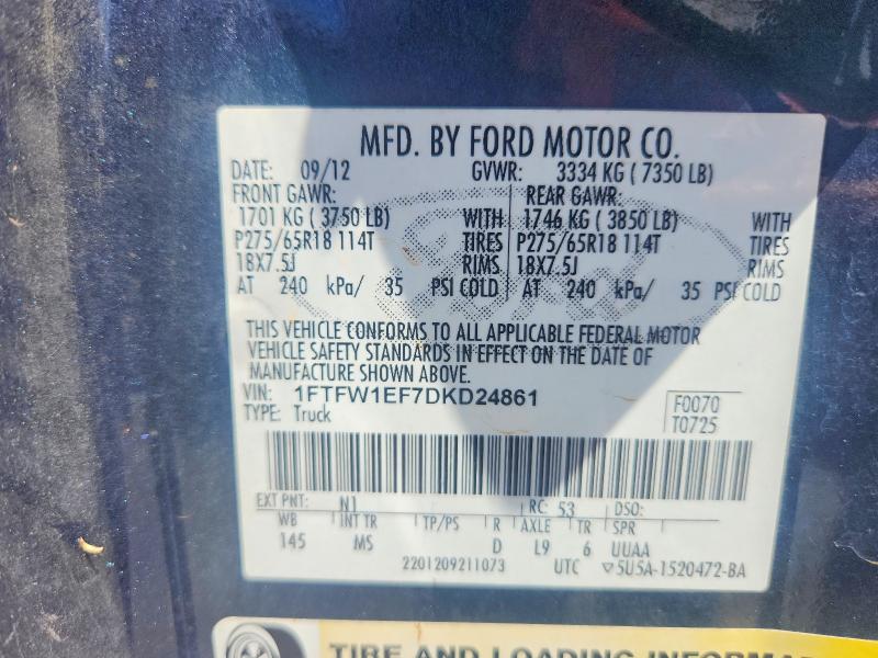 48175316 :رقم المزاد ، 1FTFW1EF7DKD24861 vin ، 2013 Ford F150 مزاد بيع