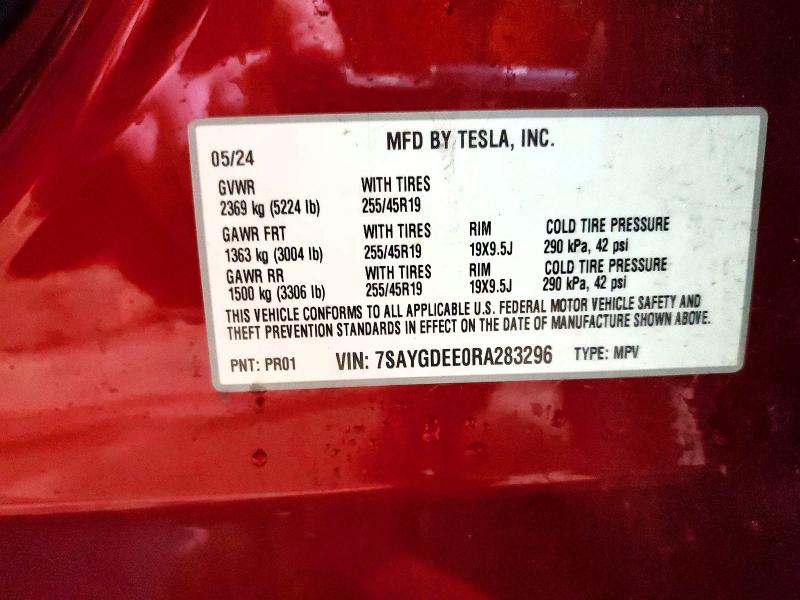 48153396 :رقم المزاد ، 7SAYGDEE0RA283296 vin ، 2024 Tesla Model Y مزاد بيع