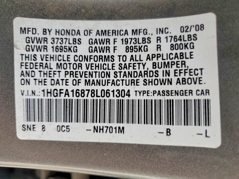 2008 Honda Civic მანქანა იყიდება აუქციონზე, vin: 1HGFA16878L061304, აუქციონის ნომერი: 47828926