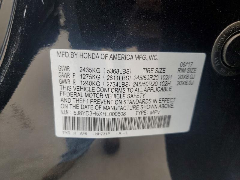 47720996 :رقم المزاد ، 5J8YD3H5XHL000608 vin ، 2017 Acura Mdx مزاد بيع