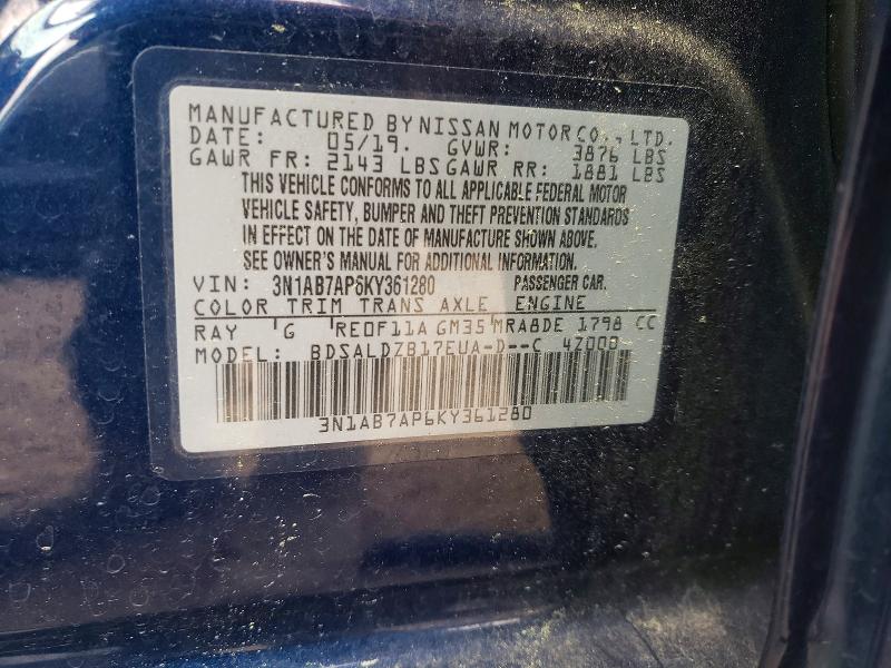 Aukcja sprzedaży 2019 Nissan Sentra, vin: 3N1AB7AP6KY361280, numer aukcji: 46405086