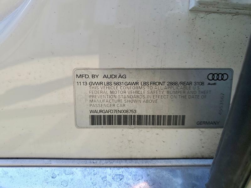 46927986 :رقم المزاد ، WAURGAFD7EN008753 vin ، 2014 Audi A8 مزاد بيع