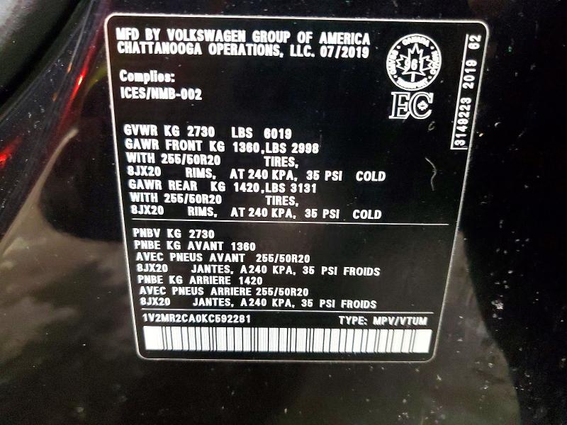 2019 Volkswagen Atlas მანქანა იყიდება აუქციონზე, vin: 1V2MR2CA0KC592281, აუქციონის ნომერი: 47172436