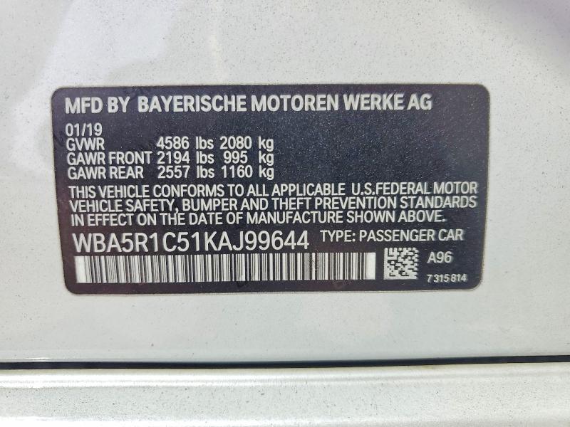 47835106 :رقم المزاد ، WBA5R1C51KAJ99644 vin ، 2019 Bmw 330i مزاد بيع
