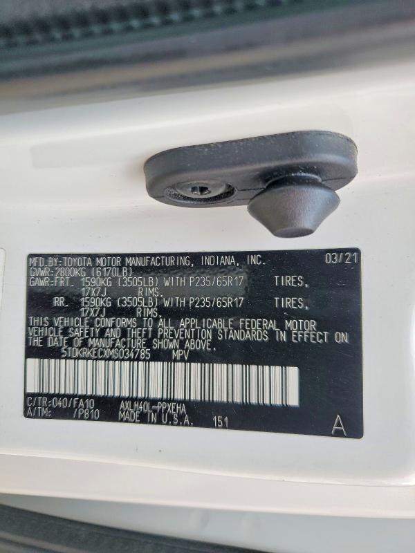 48127156 :رقم المزاد ، 5TDKRKECXMS034785 vin ، 2021 Toyota Sienna مزاد بيع