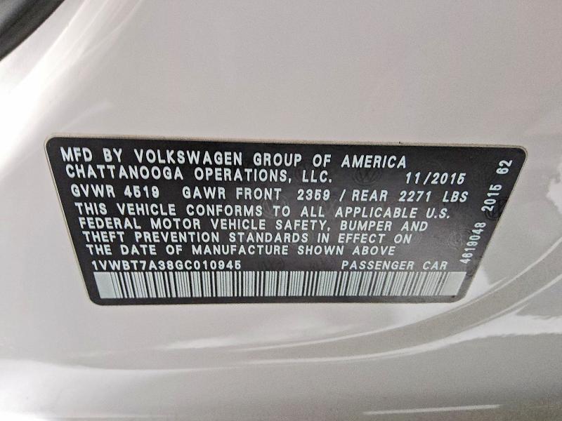 Продажа на аукционе авто 2016 Volkswagen Passat, vin: 1VWBT7A38GC010945, номер лота: 79306645