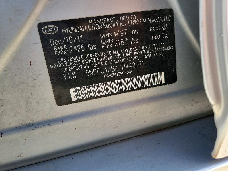 2012 Hyundai Sonata მანქანა იყიდება აუქციონზე, vin: 5NPEC4AB4CH442372, აუქციონის ნომერი: 47083066