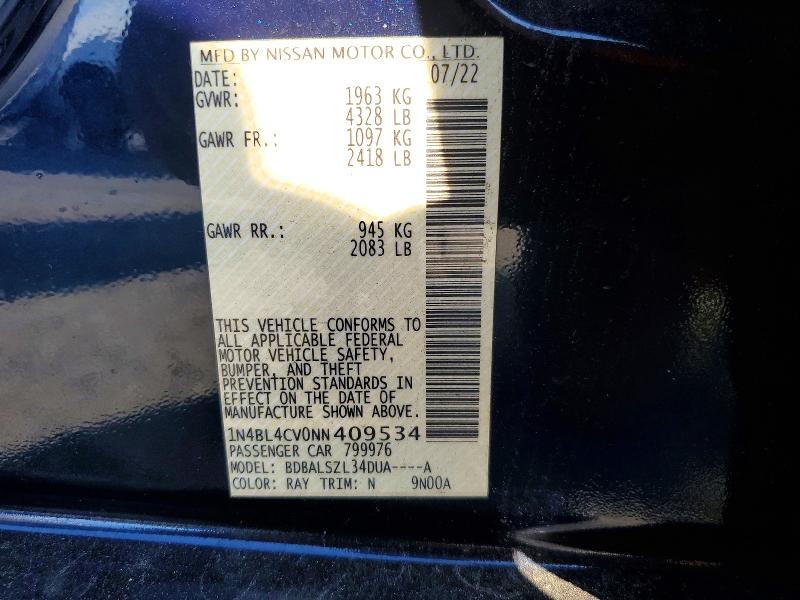 2022 Nissan Altima მანქანა იყიდება აუქციონზე, vin: 1N4BL4CV0NN409534, აუქციონის ნომერი: 45599566