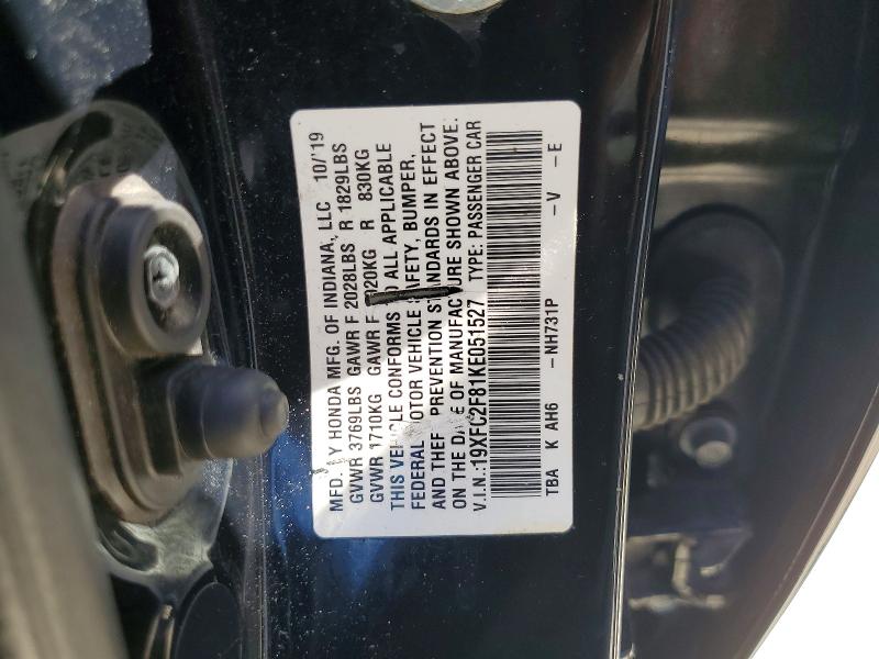 Продажа на аукционе авто 2019 Honda Civic, vin: 19XFC2F81KE051527, номер лота: 46911196