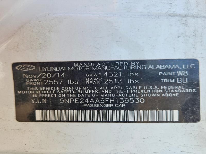 2015 Hyundai Sonata მანქანა იყიდება აუქციონზე, vin: 5NPE24AA6FH139530, აუქციონის ნომერი: 45919616