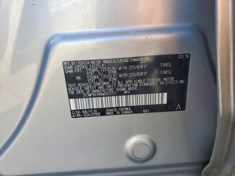 2016 Toyota Rav4 მანქანა იყიდება აუქციონზე, vin: 2T3WFREV8GW262551, აუქციონის ნომერი: 46854876