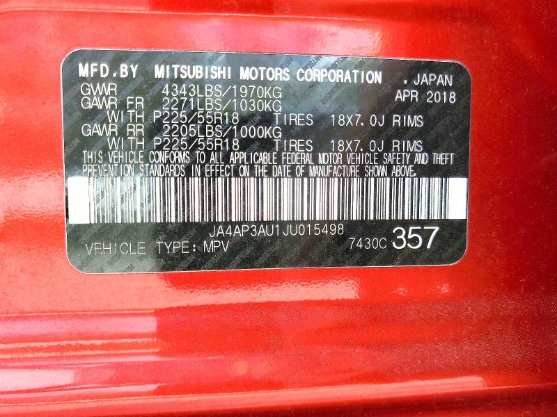 2018 Mitsubishi Outlander Sport მანქანა იყიდება აუქციონზე, vin: JA4AP3AU1JU015498, აუქციონის ნომერი: 45848876