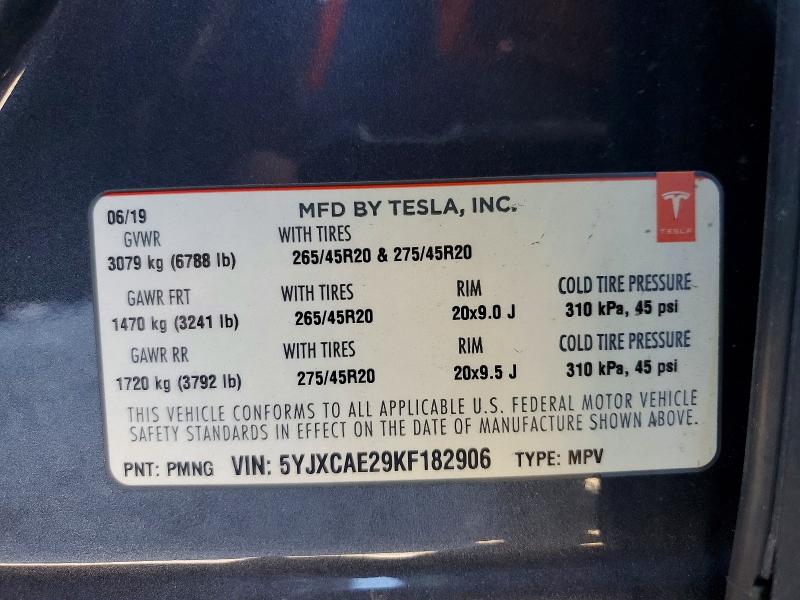 2019 Tesla Model X მანქანა იყიდება აუქციონზე, vin: 5YJXCAE29KF182906, აუქციონის ნომერი: 78078365