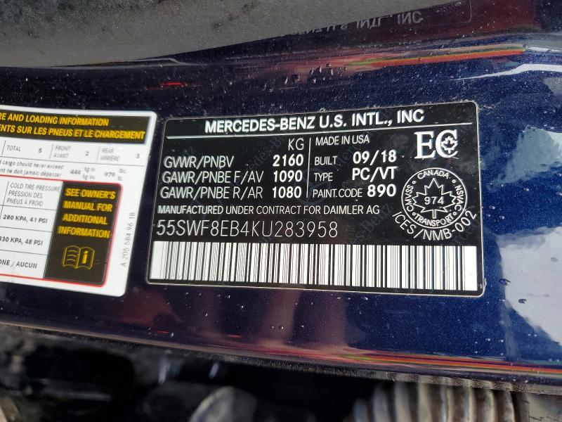 2019 Mercedes-benz C მანქანა იყიდება აუქციონზე, vin: 55SWF8EB4KU283958, აუქციონის ნომერი: 77665495