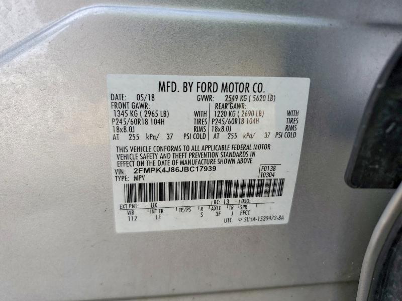45678976 :رقم المزاد ، 2FMPK4J86JBC17939 vin ، 2018 Ford Edge مزاد بيع