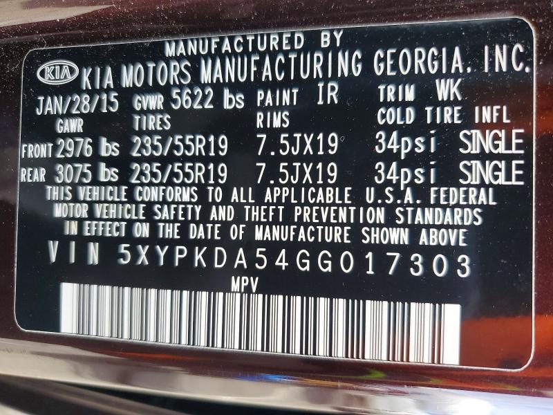 47214816 :رقم المزاد ، 5XYPKDA54GG017303 vin ، 2016 Kia Sorento مزاد بيع