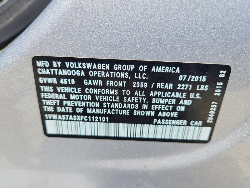 Aukcja sprzedaży 2015 Volkswagen Passat, vin: 1VWAS7A3XFC112101, numer aukcji: 47928696