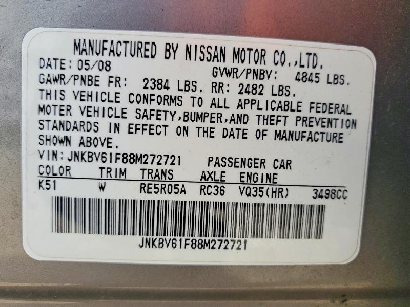 Aukcja sprzedaży 2008 Infiniti G35, vin: JNKBV61F88M272721, numer aukcji: 47574016