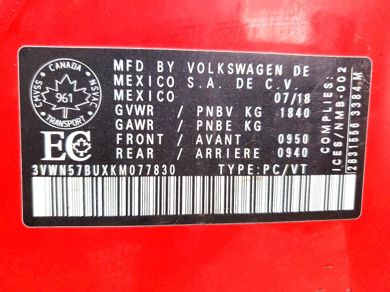 46156006 :رقم المزاد ، 3VWN57BUXKM077830 vin ، 2019 Volkswagen Jetta مزاد بيع
