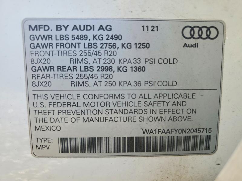Продаж на аукціоні авто 2022 Audi Q5, vin: WA1FAAFY0N2045715, номер лоту: 46675266
