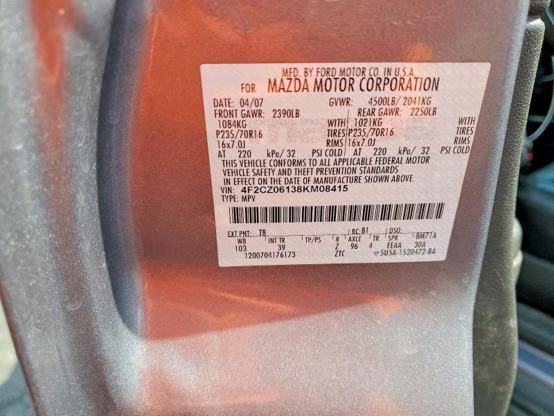 2008 Mazda Tribute მანქანა იყიდება აუქციონზე, vin: 4F2CZ06138KM08415, აუქციონის ნომერი: 45673886